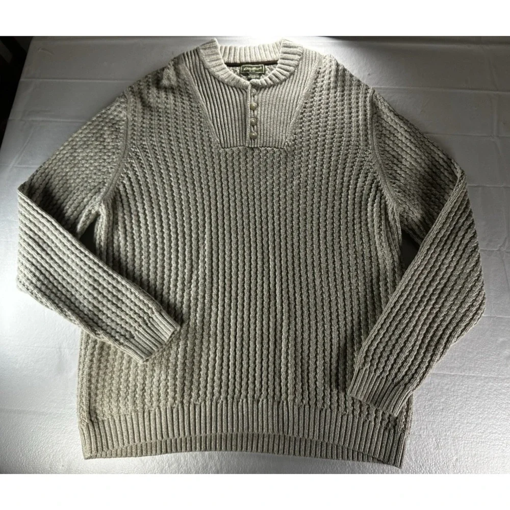 VTG 1990s Eddie Bauer Ribbed Henley Sweater‎ Mens 2XL Beige Made In Hong Kong